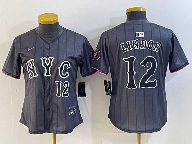 Women%27s New York Mets #12 Francisco Lindor Number Grey 2024 City Connect Cool Base Stitched Jersey
